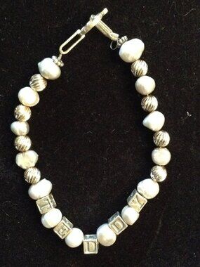 VTG 80's Fresh Water Pearls Silver ID Bracelet "Teddy" Baby Bracelet Kidcore ID